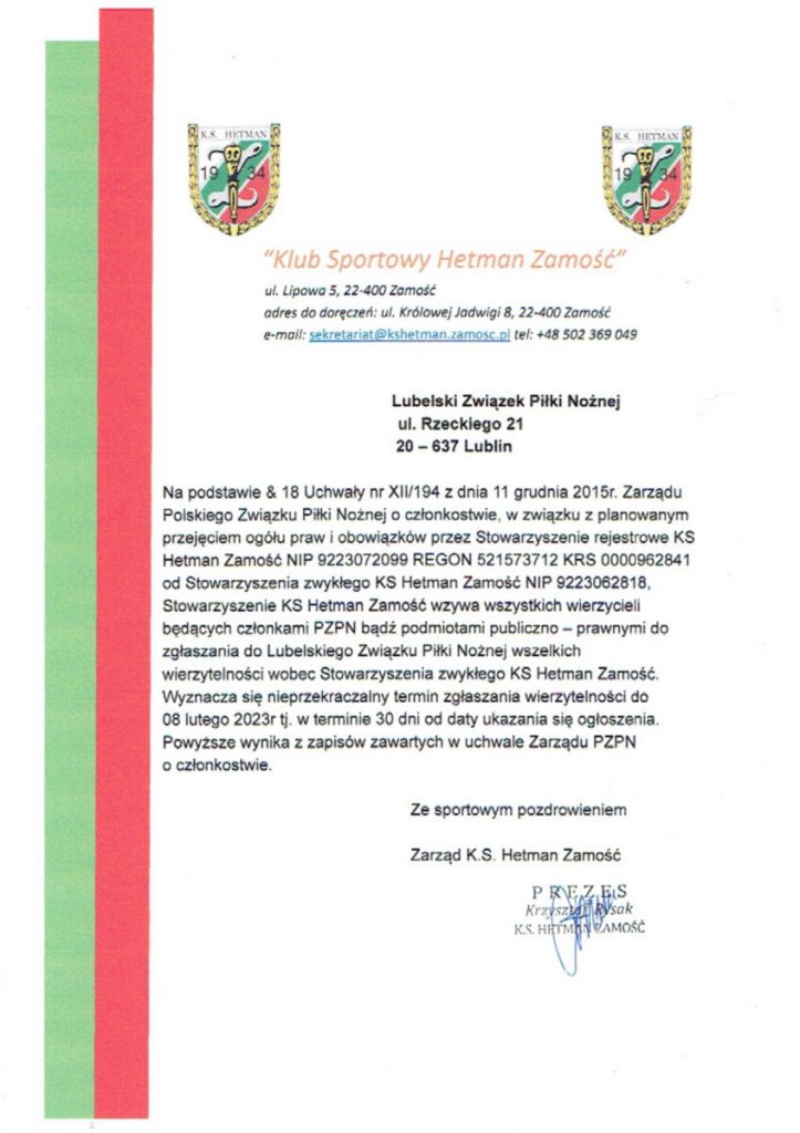 Komunikat Stowarzyszenia K.S. Hetman Zamość