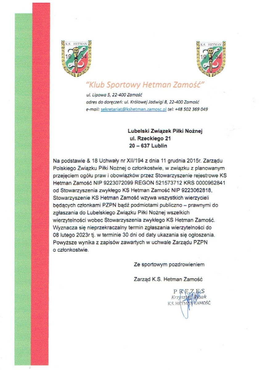 Komunikat Stowarzyszenia K.S. Hetman Zamość