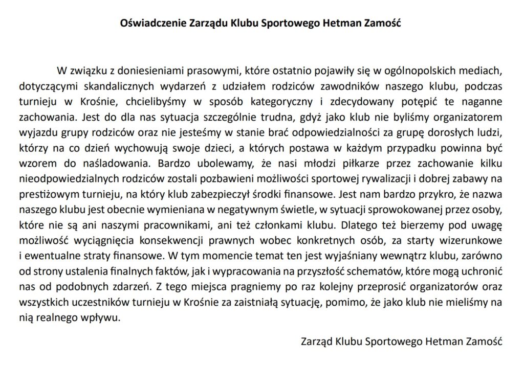 Oświadczenie Zarządu K.S. Hetman Zamość