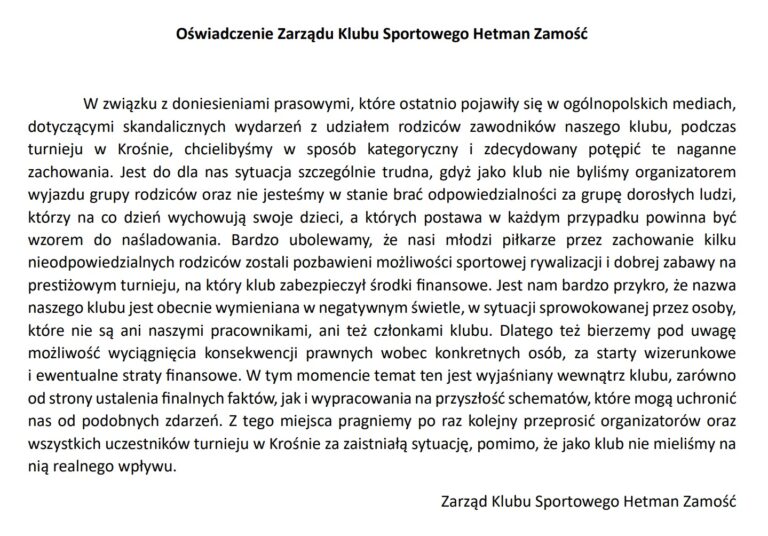 Oświadczenie Zarządu K.S. Hetman Zamość
